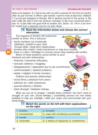 10
1UNIT MY FAMILY AND FRIENDS
baby at its baptism. 5. I had to live with my wife’s parents for the first six months
after we got married. 6. When I get married, I want to have at least four children!
7. I’ve just got engaged to George. We’re getting married in the spring. 8. My
wife’s little girl Lilly is from her previous marriage. 9. My mum remarried when I
was 15. A year later she gave birth to another son, David. 10. I fill in a tax form
for myself and a separate one for my wife, Rose.
6. Read the information below and choose the correct
alternative.
The happiest of families still experience
conflict at times. This is because:
– family members are emotionally
attached / joined to each other
through wide / long-term relationships;
– families often resist / insist interference or help from outside;
– there is a lack / shortage of common sense when dealing with conflict.
Which of these problems sound familiar to you?
Husband and wife relationships:
– financial / economic difficulties;
– domestic violence / mugging;
– disappearance / separation due to job commitments;
– communication / speech problems;
– waste / neglect of family members.
Children and parents relationships:
– social force / pressure from peers;
– addiction to / with substances;
– parental divorce / division;
– fights through / between siblings.
What can you do to answer / resolve these conflicts? You don’t need to
struggle on your own. Social therapy / counseling services are now widely
available to help you manage / deal your anger and communicate with your
family better.
7. Match the words on the left with their explanations
on the right.
1. emotion a. annoyed
2. overwhelmed b. cope with something successfully
3. handle c. comfort
4. vulnerable d. a feeling of happiness or contentment
VOCABULARY BUILDER
Право для безоплатного розміщення підручника в мережі Інтернет має
Міністерство освіти і науки України http://mon.gov.ua/ та Інститут модернізації змісту освіти https://imzo.gov.ua
 