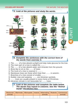 THE NATURE. THE WEATHER
4
101
UNIT
5. Look at the pictures and study the words.
6. Complete the sentences with the correct form of
the words from exercise 5.
1.	The ....... of a tree absorb sunlight and help make glucose for the tree.
2.	The main part of a tree is called the ....... .
3.	The ....... of a tree absorb water and minerals from the ground.
4.	Birds like to sit on the ....... of trees.
5.	The trunk of a tree is covered in ....... .
6.	Deciduous trees are those which lose their ....... in autumn.
7.	Branches of a tree consist of smaller ....... .
8.	Guilder rose and weeping ....... are Ukrainian symbols.
9.	....... trees are usually present in every home at Christmas.
10.	Ukrainian climate is not favourable for ....... trees.
7. Look at the pictures and complete the table below.
The words may repeat in columns. Use the “Animal
world” Vocabulary box.
Nocturnal
animals
Mammals Marsupials Insects Hibernating
animals
Rodents Carnivorous
animals
VOCABULARY BUILDER
Право для безоплатного розміщення підручника в мережі Інтернет має
Міністерство освіти і науки України http://mon.gov.ua/ та Інститут модернізації змісту освіти https://imzo.gov.ua
 