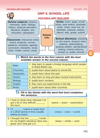 6UNIT
SCHOOL LIFE
143
VOCABULARY BUILDER
UNIT 6. SCHOOL LIFE
VOCABULARY BUILDER
1. Match the words in the first column with the best
available answer in the second column.
__ Math
1.	they learn to speak a foreign language which people
in Great Britain use
__ Chemistry 2. pupils learn about plants & animal life
__ Geography 3. pupils learn about the past
__ History 4. they learn to sing and play musical instruments
__ Biology 5. pupils learn numbers
__ English 6. they carry out experiments in the lab
__ Music 7. pupils learn about other countries
2. Fill in the blanks with the word that best completes
the sentence.
1. I have to study hard, because I‘ve
got a lot of very difficult ________
this term.
exams — exam — examination
2. To ________ means to study hard
in a short period of time (usually
before an exam).
cramp — cram — crumb
3. I thought that the ________ I wrote
for my English Literature class was
great, but I only got a C.
essay — article — work
School subjects: physics,
chemistry, math, biology,
history, physical education,
literature, English, arts
education, geography
Verbs: cram, apply, enroll,
study, pass exams, graduate,
enter, cheat, drop out, be
admitted, evaluate, assess,
attend, skip, grade, submit
Classroom: interactive white
board, projector, screen,
speakers, schedule, agenda,
curriculum, discipline, study
load, credits, exams, essay
School dilemmas: cheating
on the exams, dropout rates,
bullying, cyberbullying,
grading system, standardized
testing, school uniforms,
private vs. public schools
School
Life
Право для безоплатного розміщення підручника в мережі Інтернет має
Міністерство освіти і науки України http://mon.gov.ua/ та Інститут модернізації змісту освіти https://imzo.gov.ua
 