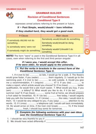 6UNIT
SCHOOL LIFE
147
GRAMMAR BUILDER
GRAMMAR BUILDER
Revision of Conditional Sentences
Conditional Type II
expresses unreal actions referring to the present or future.
If + Past Simple, would/should + bare infinitive
If they studied hard, they would get a good mark.
If-Clause Main clause
If somebody did/did not do
something
Is somebody were/ were not
If somebody might do something
Somebody would/should do something
Somebody would/should be doing
something
Somebody wouldn’t/shouldn’t do
something
NOTE! The form “were” is used in the Conditional Sentence Type II in all
cases, even when referring to the first and third person singular:
If I were you, I would accept this offer.
If he were older, he would apply to the university.
1. Put the verbs in brackets in the correct form of the
Conditional Sentence Type II.
1. If it (not to be) ............. so late, I would go for a walk. 2. The flowers
would grow faster, if you (water) ............. them regularly. 3. I would go to the
swimming pool, if it (not to be) ............. so cold outside. 4. Could you give
me a recommendation, if I (require) ............. it? 5. If you (be) ............. to
make a report, which article would you choose? 6. If he (have) ............. better
qualification, he would find a job much easier. 7. What would you buy, if you
(win) ............. a lottery? 8. What would you like to do, if it (to be) _______
summer now? 9. If we (have) ............. some fruit at home, we should prepare
a fruit salad for breakfast. 10. If I (to be) ............. free today, I would eagerly
help you with the homework. 11. If I (know) ............. the rules, I would stick to
them. 12. I would be very obliged to you, if you (pay) ............. attention to my
words. 13. If I (miss) ............. a telephone call, I would call back immediately.
14. He would arrive on time, if the train (not break) ............. 15. If the bread
(to be) ............. fresh, I should buy some for tomorrow.
2. Complete the following sentences with your own ideas
(use the Conditional Sentence Type II.)
1.	 I should be very thankful to you if ___________________________________.
2.	 We should have acted differently if __________________________________.
Право для безоплатного розміщення підручника в мережі Інтернет має
Міністерство освіти і науки України http://mon.gov.ua/ та Інститут модернізації змісту освіти https://imzo.gov.ua
 