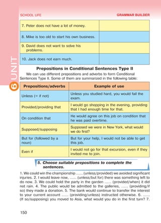 6UNIT SCHOOL LIFE
150
7. Peter does not have a lot of money.
8. Mike is too old to start his own business.
9. David does not want to solve his
problems.
10. Jack does not earn much.
Prepositions in Conditional Sentences Type II
We can use different prepositions and adverbs to form Conditional
Sentences Type II. Some of them are summarized in the following table:
Prepositions/adverbs Example of use
Unless (= if not)
Unless you studied hard, you would fail the
exam.
Provided/providing that
I would go shopping in the evening, providing
that I had enough time for that.
On condition that
He would agree on this job on condition that
he was paid overtime.
Supposed/supposing
Supposed we were in New York, what would
we do first?
But for (followed by a
noun)
But for your help, I would not be able to get
this job.
Even if
I would not go for that excursion, even if they
invited me to join.
5. Choose suitable prepositions to complete the
sentences.
1. We could win the championship …… (unless/provided) we avoided significant
injuries. 2. I would leave now, …… (unless/but for) there was something left to
do now. 3. We could hold the party in the garden …… (provided/when) it did
not rain. 4. The public would be admitted to the galleries, …… (providing/if
so) they made a donation. 5. The bank would continue to transfer the interest
to your current account …… (providing/unless) instructed otherwise. 6. ……
(If so/supposing) you moved to Asia, what would you do in the first turn? 7.
GRAMMAR BUILDER
Право для безоплатного розміщення підручника в мережі Інтернет має
Міністерство освіти і науки України http://mon.gov.ua/ та Інститут модернізації змісту освіти https://imzo.gov.ua
 
