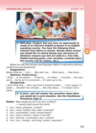 6UNIT
SCHOOL LIFE
165
2. Role-play. Imagine that you have an opportunity to
study at an intensive English program in an English
speaking country. You have the following three
schools from which to choose. Decide which school
you would like to attend basing your decisions on
whatever reasons you feel are valid (i.e. free time,
English learning goals, cost, duration, curiosity about
the country and its culture, etc.).
Below you will find phrases and language helpful in expressing opinions,
preferences and disagreeing.
Suggestions:
Where shall we... , Let’s... , Why don’t we... , What about... , How about...
Opinions, Preferences:
I think... , In my opinion... , I’d like to... , I’d rather... , I’d prefer..., The way I
see it..., As far as I’m concerned..., If it were up to me... .
Disagreeing:
I don’t think that... , Don’t you think it would be better... , I don’t agree, I’d
prefer... , Shouldn’t we consider... , But what about... , I’m afraid I don’t
agree...
3. In pairs, ask and answer the questions about what
you would do in each situation. Use the Conditional
Sentences Type II.
Model: 	What would you do if you won a lottery?
	 — I would travel around the world.
1.	 You / when/ graduate / school?
2.	 You / move/ another city/ enter/ university?
3.	 You / successfully / pass/ school exams?
4.	 You / have a chance / study/ in the UK?
5.	 You / become / a principal / your / school?
6.	 You / can / change / one thing/ school / education?
SPEAKING SKILL BUILDER
Право для безоплатного розміщення підручника в мережі Інтернет має
Міністерство освіти і науки України http://mon.gov.ua/ та Інститут модернізації змісту освіти https://imzo.gov.ua
 