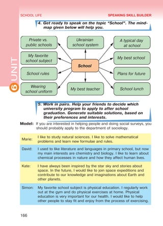 6UNIT SCHOOL LIFE
 
 
 
 
 

 

 

  
  
 
  
  
 
166
4. Get ready to speak on the topic “School”. The mind-
map given below will help you.
5. Work in pairs. Help your friends to decide which
university program to apply to after school
graduation. Generate suitable solutions, based on
their preferences and interests.
Model:	 If you are interested in helping people and doing social surveys, you
should probably apply to the department of sociology.
Marie:
I like to study natural sciences. I like to solve mathematical
problems and learn new formulae and rules.
David: I used to like literature and languages in primary school, but now
my main interests are chemistry and biology. I like to learn about
chemical processes in nature and how they affect human lives.
Kate: I have always been inspired by the star sky and stories about
space. In the future, I would like to join space expeditions and
contribute to our knowledge and imaginations about Earth and
other planets.
Simon: My favorite school subject is physical education. I regularly work
out at the gym and do physical exercises at home. Physical
education is very important for our health. I would like to help
other people to stay fit and enjoy from the process of exercising.
SPEAKING SKILL BUILDER
Право для безоплатного розміщення підручника в мережі Інтернет має
Міністерство освіти і науки України http://mon.gov.ua/ та Інститут модернізації змісту освіти https://imzo.gov.ua
 