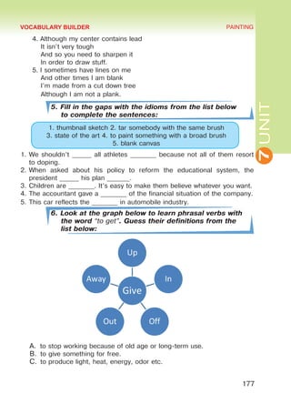 7UNIT
PAINTING
177
4.	Although my center contains lead
It isn’t very tough
And so you need to sharpen it
In order to draw stuff.
5.	I sometimes have lines on me
And other times I am blank
I’m made from a cut down tree
Although I am not a plank.
5. Fill in the gaps with the idioms from the list below
to complete the sentences:
1. thumbnail sketch 2. tar somebody with the same brush
3. state of the art 4. to paint something with a broad brush
5. blank canvas
1.	We shouldn’t ______ all athletes ________ because not all of them resort
to doping.
2.	When asked about his policy to reform the educational system, the
president ______ his plan _______.
3.	Children are ________. It’s easy to make them believe whatever you want.
4.	The accountant gave a ________ of the financial situation of the company.
5.	This car reflects the ________ in automobile industry.
6. Look at the graph below to learn phrasal verbs with
the word “to get”. Guess their definitions from the
list below:
A.	 to stop working because of old age or long-term use.
B.	to give something for free.
C.	to produce light, heat, energy, odor etc.
VOCABULARY BUILDER
Право для безоплатного розміщення підручника в мережі Інтернет має
Міністерство освіти і науки України http://mon.gov.ua/ та Інститут модернізації змісту освіти https://imzo.gov.ua
 