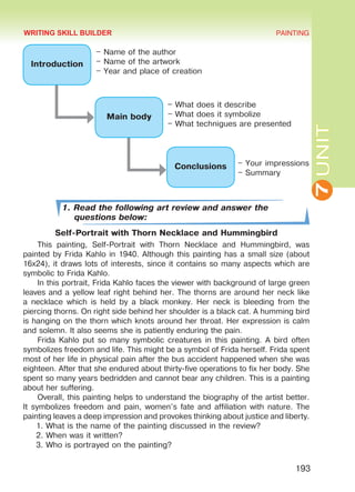 7UNIT
PAINTING
193
1. Read the following art review and answer the
questions below:
Self-Portrait with Thorn Necklace and Hummingbird
This painting, Self-Portrait with Thorn Necklace and Hummingbird, was
painted by Frida Kahlo in 1940. Although this painting has a small size (about
16x24), it draws lots of interests, since it contains so many aspects which are
symbolic to Frida Kahlo.
In this portrait, Frida Kahlo faces the viewer with background of large green
leaves and a yellow leaf right behind her. The thorns are around her neck like
a necklace which is held by a black monkey. Her neck is bleeding from the
piercing thorns. On right side behind her shoulder is a black cat. A humming bird
is hanging on the thorn which knots around her throat. Her expression is calm
and solemn. It also seems she is patiently enduring the pain.
Frida Kahlo put so many symbolic creatures in this painting. A bird often
symbolizes freedom and life. This might be a symbol of Frida herself. Frida spent
most of her life in physical pain after the bus accident happened when she was
eighteen. After that she endured about thirty-five operations to fix her body. She
spent so many years bedridden and cannot bear any children. This is a painting
about her suffering.
Overall, this painting helps to understand the biography of the artist better.
It symbolizes freedom and pain, women’s fate and affiliation with nature. The
painting leaves a deep impression and provokes thinking about justice and liberty.
1. What is the name of the painting discussed in the review?
2. When was it written?
3. Who is portrayed on the painting?
WRITING SKILL BUILDER
Main body
Conclusions
Introduction
– Name of the author
– Name of the artwork
– Year and place of creation
– What does it describe
– What does it symbolize
– What technigues are presented
– Your impressions
– Summary
Право для безоплатного розміщення підручника в мережі Інтернет має
Міністерство освіти і науки України http://mon.gov.ua/ та Інститут модернізації змісту освіти https://imzo.gov.ua
 