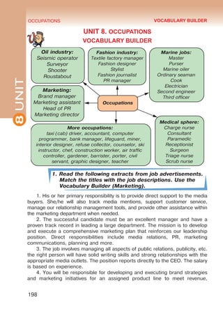 8UNIT OCCUPATIONS
198
UNIT 8. OCCUPATIONS
VOCABULARY BUILDER
1. Read the following extracts from job advertisements.
Match the titles with the job descriptions. Use the
Vocabulary Builder (Marketing).
1. His or her primary responsibility is to provide direct support to the media
buyers. She/he will also track media mentions, support customer service,
manage our relationship management tools, and provide other assistance within
the marketing department when needed.
2. The successful candidate must be an excellent manager and have a
proven track record in leading a large department. The mission is to develop
and execute a comprehensive marketing plan that reinforces our leadership
position. Direct responsibilities include media relations, PR, marketing
communications, planning and more.
3. The job involves managing all aspects of public relations, publicity, etc.
the right person will have solid writing skills and strong relationships with the
appropriate media outlets. The position reports directly to the CEO. The salary
is based on experience.
4. You will be responsible for developing and executing brand strategies
and marketing initiatives for an assigned product line to meet revenue,

 
 
  
 
 
  
 

 
 
 
 



 
    
    
     
     
    
   
 


 
 


 
 
 
 




 
 

VOCABULARY BUILDER
Право для безоплатного розміщення підручника в мережі Інтернет має
Міністерство освіти і науки України http://mon.gov.ua/ та Інститут модернізації змісту освіти https://imzo.gov.ua
 