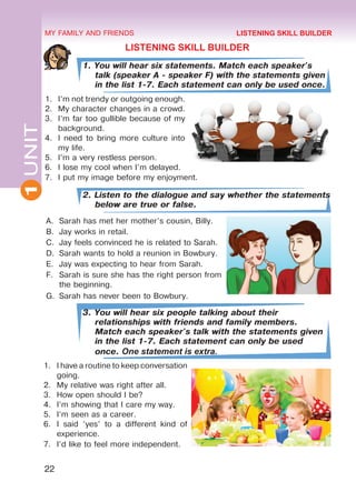 22
1UNIT MY FAMILY AND FRIENDS
LISTENING SKILL BUILDER
1. You will hear six statements. Match each speaker's
talk (speaker A - speaker F) with the statements given
in the list 1-7. Each statement can only be used once.
1.	 I’m not trendy or outgoing enough.
2.	 My character changes in a crowd.
3.	 I’m far too gullible because of my
background.
4.	 I need to bring more culture into
my life.
5.	 I’m a very restless person.
6.	 I lose my cool when I’m delayed.
7.	 I put my image before my enjoyment.
2. Listen to the dialogue and say whether the statements
below are true or false.
A.	 Sarah has met her mother’s cousin, Billy.
B.	 Jay works in retail.
C.	 Jay feels convinced he is related to Sarah.
D.	 Sarah wants to hold a reunion in Bowbury.
E.	 Jay was expecting to hear from Sarah.
F.	 Sarah is sure she has the right person from
the beginning.
G.	 Sarah has never been to Bowbury.
3. You will hear six people talking about their
relationships with friends and family members.
Match each speaker's talk with the statements given
in the list 1-7. Each statement can only be used
once. One statement is extra.
1.	 I have a routine to keep conversation
going.
2.	 My relative was right after all.
3.	 How open should I be?
4.	 I’m showing that I care my way.
5.	 I’m seen as a career.
6.	 I said ’yes’ to a different kind of
experience.
7.	 I’d like to feel more independent.
LISTENING SKILL BUILDER
Право для безоплатного розміщення підручника в мережі Інтернет має
Міністерство освіти і науки України http://mon.gov.ua/ та Інститут модернізації змісту освіти https://imzo.gov.ua
 