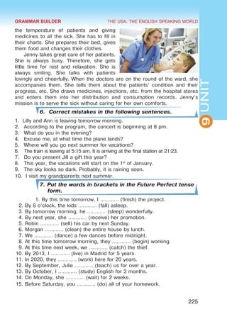 THE USA. THE ENGLISH SPEAKING WORLD
9UNIT
225
the temperature of patients and giving
medicines to all the sick. She has to fill in
their charts. She prepares their bed, gives
them food and changes their clothes.
Jenny takes great care of her patients.
She is always busy. Therefore, she gets
little time for rest and relaxation. She is
always smiling. She talks with patients
lovingly and cheerfully. When the doctors are on the round of the ward, she
accompanies them. She tells them about the patients’ condition and their
progress, etc. She draws medicines, injections, etc. from the hospital stores
and enters them into her distribution and consumption records. Jenny’s
mission is to serve the sick without caring for her own comforts.
6. Correct mistakes in the following sentences.
1.	 Lilly and Ann is leaving tomorrow morning.
2.	 According to the program, the concert is beginning at 8 pm.
3.	 What do you in the evening?
4.	 Excuse me, at what time the plane lands?
5.	 Where will you go next summer for vacations?
6.	 The train is leaving at 5:15 am. It is arriving at the final station at 21:23.
7.	 Do you present Jill a gift this year?
8.	 This year, the vacations will start on the 1st
of January.
9.	 The sky looks so dark. Probably, it is raining soon.
10.	 I visit my grandparents next summer.
7. Put the words in brackets in the Future Perfect tense
form.
1. By this time tomorrow, I ………… (finish) the project.
2. By 8 o’clock, the kids ………… (fall) asleep.
3. By tomorrow morning, he ………… (sleep) wonderfully.
4. By next year, she ………… (receive) her promotion.
5. Robin ………… (sell) his car by next Sunday.
6. Morgan ………… (clean) the entire house by lunch.
7. We ………… (dance) a few dances before midnight.
8. At this time tomorrow morning, they ………… (begin) working.
9. At this time next week, we ………… (catch) the thief.
10. By 2013, I ………… (live) in Madrid for 5 years.
11. In 2020, they ………… (work) here for 20 years.
12. By September, Julie ………… (teach) us for over a year.
13. By October, I ………… (study) English for 3 months.
14. On Monday, she ………… (wait) for 2 weeks.
15. Before Saturday, you ………… (do) all of your homework.
GRAMMAR BUILDER
Право для безоплатного розміщення підручника в мережі Інтернет має
Міністерство освіти і науки України http://mon.gov.ua/ та Інститут модернізації змісту освіти https://imzo.gov.ua
 