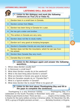THE USA. THE ENGLISH SPEAKING WORLD
9UNIT
233
LISTENING SKILL BUILDER
1. Listen to the dialogue and mark the following
sentences as True (T) or False F).
1. Gordon lives in a small town in Canada.
2. Gordon comes from Wales.
3. Gordon has been living in Canada for a year.
4. He has got a sister and brother.
5. The winters in Canada are very rainy.
6. Gordon does not like to study maths.
7. Gordon isn’t very good at studying languages.
8. Gordon’s Canadian friends are very bad at sports.
9.
Gordon does not like the mountains, which he can see from
his school.
10. Gordon likes Canada Day very much.
11. Canada Day is in winter.
2. Listen to the dialogue again and answer the following
questions.
1.	 Where does Gordon usually live?
2.	 Is Vancouver a small town?
3.	 What does Gordon usually do at the weekend?
4.	 What is the best thing about Gordon’s school?
5.	 What are Gordon’s friends very good at doing?
6.	 What do Canadian people do on “Canada Day”?
7.	 What is a typical weather in Canada?
8.	 What does Gordon like to study? What is he good at?
3. Listen to the text about Thanksgiving Day and fill in
the gaps to complete the sentences.
Thanksgiving is a very American holiday. ………… Thanksgiving Day. It is
celebrated on the fourth Thursday in November every year. ………… religious
holiday to give thanks to God. There are two …………  origins of this holiday. One
is thanks for the early settlers arriving in America safely. On December the 4th,
1619, a group of English pioneers arrived ………… Berkeley Hundred, in Virginia.
LISTENING SKILL BUILDER
Право для безоплатного розміщення підручника в мережі Інтернет має
Міністерство освіти і науки України http://mon.gov.ua/ та Інститут модернізації змісту освіти https://imzo.gov.ua
 