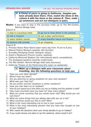 THE USA. THE ENGLISH SPEAKING WORLD
9UNIT
237
4. A friend of yours is going to California. Imagine you
have already been there. First, match the items in the
column A with the items in the column B. Then, make
up sentences and act out dialogues in pairs.
Model: If you want to stay in the luxurious hotel, go to The Ritz-Carlton,
Rancho Mirage hotel.
Column A
1) stay in a luxurious hotel 5) go out to have dinner in the evening
2) visit a museum 6) see a play/ performance
3) watch athletic events; 7) enjoy beautiful nature and flowers
4) observe wild animals 8) go shopping
Column B
a.	Princess Grace Rose Island (open every day from 10 am to 8 pm);
b.	Natural History Museum (popular with tourists);
c.	Sunvalley Shopping Center (designer shops);
d.	Andre’s Restaurant (French cuisine, seafood);
e.	California Memorial Stadium (for international sports competitions);
f.	 The Zoological gardens (recently modernized);
g.	The Ritz-Carlton, Rancho Mirage hotel (very luxurious);
h.	California Theatre of the Performing Arts (open on weekends).
5. Make up a dialogue with your classmate about
travelling. Use the following questions to help you.
1.	 Have you ever been abroad?
2.	 Where have you been?
3.	 Are you planning on going anywhere for your next vacation?
4.	 What was your best trip?
5.	 Do you prefer summer vacations or winter vacations?
6.	 Have you ever been on an airplane?
7.	 How do you spend your time when you are on holiday and the weather is bad?
8.	 How many countries have you been to? How many states?
9.	 What are some countries that you would never visit? Why would you not
visit them?
10.	What are some things that you always take with you on a trip?
11.	What countries would you like to visit? Why?
12.	What is the most interesting city to visit in your country?
13.	What is the most interesting souvenir that you have ever bought on one
of your holidays?
14.	Who makes the decisions when your family decides to go on holiday?
15.	If you could choose one place to go this weekend, where would it be?
SPEAKING SKILL BUILDER
Право для безоплатного розміщення підручника в мережі Інтернет має
Міністерство освіти і науки України http://mon.gov.ua/ та Інститут модернізації змісту освіти https://imzo.gov.ua
 