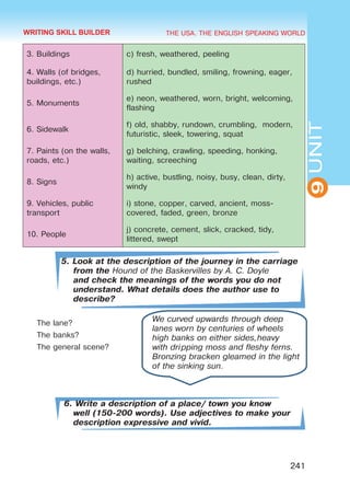 THE USA. THE ENGLISH SPEAKING WORLD
9UNIT
241
3. Buildings c) fresh, weathered, peeling
4. Walls (of bridges,
buildings, etc.)
d) hurried, bundled, smiling, frowning, eager,
rushed
5. Monuments
e) neon, weathered, worn, bright, welcoming,
flashing
6. Sidewalk
f) old, shabby, rundown, crumbling, modern,
futuristic, sleek, towering, squat
7. Paints (on the walls,
roads, etc.)
g) belching, crawling, speeding, honking,
waiting, screeching
8. Signs
h) active, bustling, noisy, busy, clean, dirty,
windy
9. Vehicles, public
transport
i) stone, copper, carved, ancient, moss-
covered, faded, green, bronze
10. People
j) concrete, cement, slick, cracked, tidy,
littered, swept
5. Look at the description of the journey in the carriage
from the Hound of the Baskervilles by A. C. Doyle
and check the meanings of the words you do not
understand. What details does the author use to
describe?
The lane?
The banks?
The general scene?
6. Write a description of a place/ town you know
well (150-200 words). Use adjectives to make your
description expressive and vivid.
We curved upwards through deep
lanes worn by centuries of wheels
high banks on either sides,heavy
with dripping moss and fleshy ferns.
Bronzing bracken gleamed in the light
of the sinking sun.
WRITING SKILL BUILDER
Право для безоплатного розміщення підручника в мережі Інтернет має
Міністерство освіти і науки України http://mon.gov.ua/ та Інститут модернізації змісту освіти https://imzo.gov.ua
 