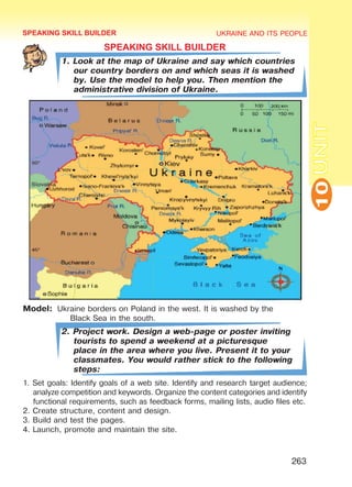 UKRAINE AND ITS PEOPLE
10
263
UNIT
SPEAKING SKILL BUILDER
1. Look at the map of Ukraine and say which countries
our country borders on and which seas it is washed
by. Use the model to help you. Then mention the
administrative division of Ukraine.
Model:	 Ukraine borders on Poland in the west. It is washed by the 			
	 Black Sea in the south.
2. Project work. Design a web-page or poster inviting
tourists to spend a weekend at a picturesque
place in the area where you live. Present it to your
classmates. You would rather stick to the following
steps:
1. Set goals: Identify goals of a web site. Identify and research target audience;
analyze competition and keywords. Organize the content categories and identify
functional requirements, such as feedback forms, mailing lists, audio files etc.
2. Create structure, content and design.
3. Build and test the pages.
4. Launch, promote and maintain the site.
SPEAKING SKILL BUILDER
Право для безоплатного розміщення підручника в мережі Інтернет має
Міністерство освіти і науки України http://mon.gov.ua/ та Інститут модернізації змісту освіти https://imzo.gov.ua
 