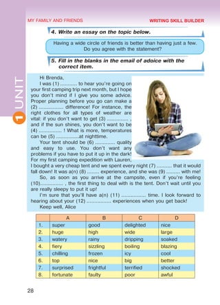 28
1UNIT MY FAMILY AND FRIENDS
4. Write an essay on the topic below.
Having a wide circle of friends is better than having just a few.
Do you agree with the statement?
5. Fill in the blanks in the email of adoice with the
correct item.
Hi Brenda,
I was (1) ........... to hear you’re going on
your first camping trip next month, but I hope
you don’t mind if I give you some advice.
Proper planning before you go can make a
(2) ................ difference! For instance, the
right clothes for all types of weather are
vital: if you don’t want to get (3) .............. ,
and if the sun shines, you don’t want to be
(4) ............... ! What is more, temperatures
can be (5) ...............at nighttime.
Your tent should be (6) ............. quality
and easy to use. You don’t want any
problems if you have to put it up in the dark!
For my first camping expedition with Lauren,
I bought a very cheap tent and we spent every night (7) .......... that it would
fall down! It was a(n) (8) ........ experience, and she was (9) ......... with me!
So, as soon as you arrive at the campsite, even if you’re feeling
(10)............... , the first thing to deal with is the tent. Don’t wait until you
are really sleepy to put it up!
I’m sure that you’ll have a(n) (11) ................ time. I look forward to
hearing about your (12) ................ experiences when you get back!
Keep well, Alice
A B C D
1. super good delighted nice
2. huge high wide large
3. watery rainy dripping soaked
4. fiery sizzling boiling blazing
5. chilling frozen icy cool
6. top nice big better
7. surprised frightful terrified shocked
8. fortunate faulty poor awful
WRITING SKILL BUILDER
Право для безоплатного розміщення підручника в мережі Інтернет має
Міністерство освіти і науки України http://mon.gov.ua/ та Інститут модернізації змісту освіти https://imzo.gov.ua
 