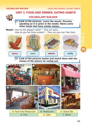 FOOD AND DRINKS. EATING HABITS
3UNIT
65
UNIT 3. FOOD AND DRINKS. EATING HABITS
VOCABULARY BUILDER
1. Look at the pictures. Learn the words. Practise
speaking as it is given in the model. Name some
other foods that have similar tastes.
Model:	 How do the peppers taste? – They are spicy.
	 How do you like these pickles? – They are sour but I like them.
2. Look at the pictures below and match them with the
names of the places for eating out.
A. Fast Food Restaurant B. Restaurant C. Snack Bar
D. Pub E. Cafe F. Bistro
VOCABULARY BUILDER
1 2 3
4 5
6
Право для безоплатного розміщення підручника в мережі Інтернет має
Міністерство освіти і науки України http://mon.gov.ua/ та Інститут модернізації змісту освіти https://imzo.gov.ua
 