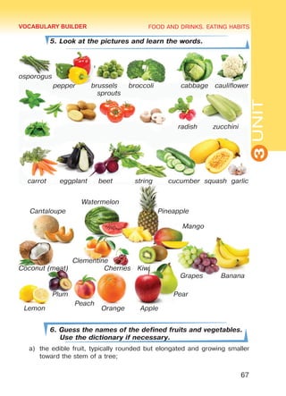 FOOD AND DRINKS. EATING HABITS
3UNIT
67
5. Look at the pictures and learn the words.
osporogus
	 pepper brussels broccoli	 cabbage cauliflower
sprouts
radish zucchini
carrot eggplant beet string cucumber squash garlic
6. Guess the names of the defined fruits and vegetables.
Use the dictionary if necessary.
a)	 the edible fruit, typically rounded but elongated and growing smaller
toward the stem of a tree;
VOCABULARY BUILDER
Lemon Orange Apple
Watermelon
Cantaloupe Pineapple
Mango
Clementine
Coconut (meat) Cherries Kiwi
Grapes Banana
Plum Pear
Peach
Право для безоплатного розміщення підручника в мережі Інтернет має
Міністерство освіти і науки України http://mon.gov.ua/ та Інститут модернізації змісту освіти https://imzo.gov.ua
 