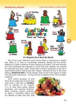 FOOD AND DRINKS. EATING HABITS
3UNIT
75
It’s Organic So It Must Be Good!
One of the most important social issues today is maintaining a healthy
diet. Many of us lead an increasingly sedentary lifestyle and eat poorly,
leading to a higher incidence of heart disease and strokes. The food industry
has thus responded with attempts to make food look healthier but recently
its marketing has gone crazy! These days it seems impossible to go into a
supermarket without seeing food with ’organic’ stamped all over it. But why?
Eating a balanced diet is surely enough, does it have to be organic as well?
The same with restaurants – do they all have to belong to the ’Farm-to-table’
category?
Let’s remind ourselves of what
these terms really mean and why they
have such a hold over us foodies.
For an avocado to be ’organic’
it is to have been grown without
pesticides and chemical fertilizers.
Many countries require producers
to obtain a certificate before they
are allowed to state that their food
READING SKILL BUILDER
Право для безоплатного розміщення підручника в мережі Інтернет має
Міністерство освіти і науки України http://mon.gov.ua/ та Інститут модернізації змісту освіти https://imzo.gov.ua
 