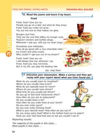 FOOD AND DRINKS. EATING HABITS
3UNIT
90
6. Read the poem and learn it by heart.
Food
Food, food I love you so,
People say go on a diet, but what do they know.
Food, food you make me grow,
You are the one on that makes me glow.
Burgers and fries,
They are the one that stifles my hunger cries.
Popcorn chicken and buffalo wings,
Whenever I see you, with joy my heart sings.
Smoothies and milkshake,
They all go great with a nice chocolate cake.
Ice cream and whip cream,
Why couldn’t I get you out of my dream?
Food, food I love you so.
I will always love you wherever I go.
Food, food you may not know,
But in my life, you play the leading role.
(by Jing Han)
7. Interview your classmates. Make a survey and then get
ready with your report about what you have found out.
What do you usually have for breakfast?
Where do you usually have lunch?
What do you typically have for lunch?
Where do you usually have dinner?
What time do you usually eat dinner?
Do you go to fast-food restaurants often?
How often do you eat at restaurants?
Do you usually leave a tip?
How often do you order food at your home?
Do you ever order pizza?
Do you ever order Chinese food?
What is your favorite food? How often do you eat it?
Do you enjoy spicy food? What is the hottest food you’ve eaten?
Have you ever had food that was so hot you couldn’t eat it?
Reporting results:
The majority of the pupils in this class ...
Most pupils in this class ...
SPEAKING SKILL BUILDER
Право для безоплатного розміщення підручника в мережі Інтернет має
Міністерство освіти і науки України http://mon.gov.ua/ та Інститут модернізації змісту освіти https://imzo.gov.ua
 