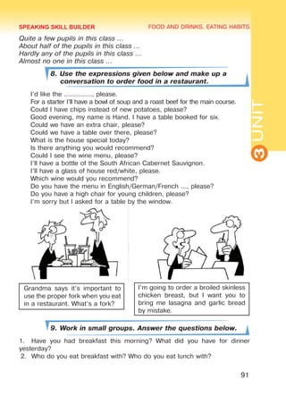 FOOD AND DRINKS. EATING HABITS
3UNIT
91
Quite a few pupils in this class ...
About half of the pupils in this class ...
Hardly any of the pupils in this class ...
Almost no one in this class ...
8. Use the expressions given below and make up a
conversation to order food in a restaurant.
I’d like the .............., please.
For a starter I’ll have a bowl of soup and a roast beef for the main course.
Could I have chips instead of new potatoes, please?
Good evening, my name is Hand. I have a table booked for six.
Could we have an extra chair, please?
Could we have a table over there, please?
What is the house special today?
Is there anything you would recommend?
Could I see the wine menu, please?
I’ll have a bottle of the South African Cabernet Sauvignon.
I’ll have a glass of house red/white, please.
Which wine would you recommend?
Do you have the menu in English/German/French ..., please?
Do you have a high chair for young children, please?
I’m sorry but I asked for a table by the window.
9. Work in small groups. Answer the questions below.
1.	 Have you had breakfast this morning? What did you have for dinner
yesterday?
2.	 Who do you eat breakfast with? Who do you eat lunch with?
Grandma says it’s important to
use the proper fork when you eat
in a restaurant. What’s a fork?
I’m going to order a broiled skinless
chicken breast, but I want you to
bring me lasagna and garlic bread
by mistake.
SPEAKING SKILL BUILDER
Право для безоплатного розміщення підручника в мережі Інтернет має
Міністерство освіти і науки України http://mon.gov.ua/ та Інститут модернізації змісту освіти https://imzo.gov.ua
 