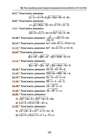 15. Різні прийоми розв'язування ірраціональних рівнянь та їх систем
15.7." Розв'яжіть рівняння
Jx^i + ylx + 3 + 2j(x-l)(x + 3)=4-2x.
15.8." Розв'яжіть рівняння
x+J{x + 6) {x-2) = 2 + Jx+6 + Jx~2.
15.9." Розв'яжіть рівняння
42х+3 + у/х+І=3 х + 2 л/2х® + 5ж + 3 -16.
2
15.10." Розв'яжіть рівняння * ..+j2x + 5-2x.
yJ2x + 5
15.11." Розв'яжіть рівняння 4х2
+12х ll + X = 27 (1 + х).
15.12." Розв'яжіть рівняння 6х2
-5xJx + 3 + x + 3 = 0.
15.13." Розв'яжіть рівняння
%І(Х + З)2
+%](6-х)г
-$](х + 3)(6-ж) = 3.
15.14." Розв'яжіть рівняння
%](х+4)2
+yJ(x-5)2
+%](х + 4)(х-5) = 3.
15.15." Розв'яжіть рівняння Ух + 8-yJx-S -2.
15.16." Розв'яжіть рівняння >/18 + 5jc +/б4-5д: =4.
15.17." Розв'яжіть рівняння у/х-2 + л/х-1 ~5.
15.18." Розв'яжіть рівняння І2-х -l-Jx-l,
15.19." Розв'яжіть рівняння J 2 - J 2 - X -х.
15.20." Розв'яжіть рівняння JG-I6-x =
15.21." Розв'яжіть рівняння:
1) УІ2Х2
+ ЗХ+5 + уі2Х2
-ЗХ + 5 = ЗХ-,
2) (Vx+I + l)(Vx+IÖ-4) = x.
15.22." Розв'яжіть рівняння:
1) Jx2
+3x-2 + yIx2
-x + l=4x-3;
2) {У/^+Ї + І)(УІХ + Ї + Х2
+ Х--7) = Х.
123
 