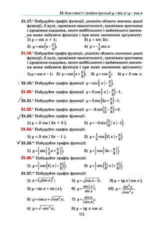 21. Властивості і графіки функцій у = sin х і у = cos х
21.17." Побудуйте графік функції, укажіть область значень даної
функції, її нулі, проміжки знакосталості, проміжки зростання
і проміжки спадання, якого найбільшого і найменшого значен-
# ня може набувати функція і при яких значеннях аргументу:
1) у = sin X + 1; 3) у = sin 2х;
2) у = sin (ж 4) i/ = --sinx.
21.18.* Побудуйте графік функції, укажіть область значення даної
функції, її нулі, проміжки знакосталості, проміжки зростання
і проміжки спадання, якого найбільшого і найменшого значен-
ня може набувати функція і при яких значеннях аргументу:
1) у = cos X - 1; 2) i/ = cos (jc + ^J; 3) y = cos^; 4) у = 3 cos х.
V 21,19." Побудуйте графік функції i/ = sin(| ж j-^J.
21.20." Побудуйте графік функції у - 2 cos (| ж
/21.21." Побудуйте графік функції {/ = 2зіп(2ж+^|-1.
21.22." Побудуйте графік функції у = -3sin(-^-^J+2.
J 21.23." Побудуйте графік функції:
1) у = 2 cos [ Зж + 2 І; 2) i/=-2sin(|| х |-і).
21.24/ Побудуйте графік функції:
1) у = 3 sin І 2х — 1 І; 2) у = |сов(2|л:| + |).
V'21.25." Побудуйте графік функції:
1) У = sin
2 6
2) У = cos 2х-
21 .26." Побудуйте графік функції:
1) = cos
(2 N-f) 2) у = sin
21.27." Побудуйте графік функції
2
1) у = ($аіпхУ;
2)^ = sinx + sin|x|;
3) y = cos x + $cos2
х;
4) j/ = V-sin2
x;
5) у = yjcos ж -1;
6) y = s i n | x |
7) у =
9) У = tg ж I cos ж І;
Sin X
sin ж
10) у =
sin2
ж
/s
I sin Ж [
8) у = tg ж cos ж;
173
 