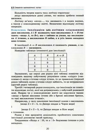 § 2.Елементиматематичної логіки
Більшість теорем мають таку логічну структуру:
якщо виконуються деякі умови, то можна зробити певний
висновок.
Логічну зв'язку «якщо..., то» вживають і в інших науках,
а також у повсякденному житті. Визначимо відповідну логічну
операцію.
О з н а ч е н н я І м п л і к а ц і є ю (або логічним с л і д у в а н н я м )
двох висловлень А і В називають таке висловлення А => В (чи-
тають: «якщо А, то В»), яке є хибним за умови, що висловлен-
ня А істинне, а висловлення В хибне, а в усіх інших випадках
воно істинне.
В імплікації А В висловлення А називають умовою, а ви-
словлення В — висновком.
Наведемо таблицю істинності для імплікації:
А В А =» В
1 1 1
1 0 0
0 1 1
0 0 1
Зауважимо, що перші два рядки цієї таблиці повністю від-
повідають нашому побутовому розумінню слова «слідує» («ви-
пливає»): якщо з істини слідує істина, то це правильно (перший
рядок таблиці); якщо з Істини слідує хибність, то це неправильно
(другий рядок таблиці).
Третій і четвертий рядки показують, що імплікація не повніс-
тю відповідає логіці, якої ми дотримуємось у побутовій розмовній
мові. Навряд чи у повсякденному житті ми керуємося таким:
«якщо з брехні випливає істина або з брехні випливає брехня,
то такі висловлення істинні».
Наприклад, у силу означення імплікації кожне з висловлень
{якщо 2 X 2 - 5, то Дніпро впадає в Чорне море}
і
{якщо 2 x 2 = 5, то "Дніпро впадає в Біле море}
є істинним.
Разом з тим зрозуміти доцільність прийнятого означення
імплікації допомагає такий приклад.
Твердження «Якщо X : 10, то х : 5» безумовно істинне в усіх
випадках.
20
 