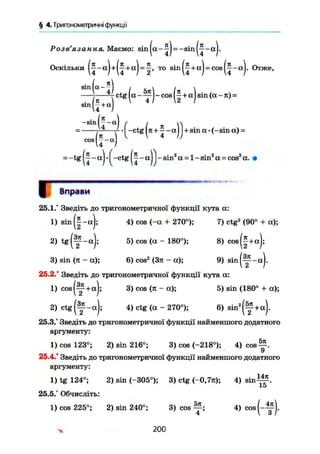 § ^Тригонометричніфункції
Розв'язання. Маємо: =
Оскільки + +
2' т о
sin(^ + aJ = cos(^-aJ. Отже,
sin fa-11
)
— L — ^ ctg (« - у ) - cos +a) sin (a - л) =
s i n
u+ a
)
-sin (л )-sin
Iл 
cos - - a
4 I4t /
= -tg - a j • ^-ctg - a Jj - sin2
a = 1 - sin2
a = cos2
a.
г Вправи
25.1.° Зведіть до тригонометричної функції кута а:
1) sin -а); 4) cos (-а + 270°); 7) ctg2
(90° + а);
2) ^ ( у - а ) ; 5) cos (а - 180°); 8) cos(|+a);
3) sin (л - а); 6) cos2
(Зл - а); 9) sin ( у - « ) -
25.2.° Зведіть до тригонометричної функції кута ос:
1) cos(y+a); 3) cos (л - а); 5) sin (180° + а);
2) c t g ( M ~ a ) ; 4) ctg (а - 270°); 6) s i n 2
( ^ + a).
25.3/ Зведіть до тригонометричної функції найменшого додатного
аргументу:
1) cos 123°; 2) sin 216°; 3) cos (-218°); 4) c o s ^ .
25.4.* Зведіть до тригонометричної функції найменшого додатного
аргументу:
1) tg 124°; 2) sin (-305°); 3) ctg (-0,7л); 4) s i n ^ .
15
25.5.° Обчисліть:
1) cos 225°; 2) sin 240°; 3) cos 4) cos(-^).
ч 200
 