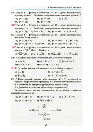 2. Висловлення та операції над ними
2.5.* Нехай f — функція істинності, А і В — деякі висловлення,
причому / (А) = 1. Знайдіть, де це можливо, значення функції f:
1 ) / < А А В ) ; 3) f ( A = > B ) ; 5 ) / ® .
• Z ) / ( A V B ) ; A) f {А В);
2.6.* Нехай / —функція істинності, А і В — деякі висловлення,
причому f(Ä)=1 . Знайдіть, де це можливо, значення функції f:
1) / (А А В); 2) f (А V В); 3) f (А => В); 4) / (А В).
2.Y.* Нехай f — функція істинності, А і В — деякі висловлення.
Знайдіть f (В), якщо:
1) f (А А В) = 1; 3) f (А => В) = 1 і f (А) = 1;
2) / (А V В) = 1 і f (А) = 0; 4) / (А <=> В) = 0 і / (А) = 0.
2.8." Нехай / — функція істинності, А і В — деякі висловлення,
причому /(А А В) = 1. Знайдіть:
1) f ( Ä v b ) ; 2) ^ ( А => в ) ; 3) / ( І « в ) ; 4) К в = > А ) .
2.9.* Складіть таблицю істинності для логічного виразу:
1) А=>В; 3) (А А ß) => С; 5)(АЛС)=>В.
2) (А V В) Л С; 4) (А В) Л (В V С);
2.10.* Складіть таблицю істинності для логічного виразу:
1) А V В; 3) (ВлС)=> А;
2) В=>А; 4) (ÄVB)a(BVC).
2.11.* Електричний ланцюг між точками М і N складений за
схемою, зображеною на рисунку 2.1. Розглянемо висловлення:
А = {елемент т ланцюга функціонує нормально};
В = {елемент п ланцюга функціонує нормально}.
Визначте, чи є ланцюг замкненим, якщо відомо значення
функції істинності f:
1) / (А А В) = 1; 3) / (А V В) = 0; 5)/?
(ÄVB) = 0.
2) f (А Л В) = 0; 4) / ( а А ß) = 1;
ЛГ0
Рис 2.1
25
 