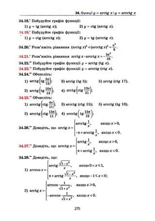 34. Функції у = arctg х і у = arcctg х
34.18/ Побудуйте графік функції:
1) У = tg (arctg х); 2) у = ctg (arctg ж).
14.19/ Побудуйте графік функції:
1) у = ctg (arcctg х)-, 2) у = tg (arcctg х).
2
34.20/ Розв'яжіть рівняння (arctg де)2
+ (arcctg х)2
=—.
о
5л2
34.21/ Розв'яжіть рівняння arctg х • arcctg х - ——.
18
34.22." Побудуйте графік функції у = arctg (tg х).
34.23." Побудуйте графік функції у = arcctg (ctg х).
34.24." Обчисліть:
1) arctg (tg I i ) ; 3) arctg (tg 5); 5) arctg (ctg 17).
2) arctg ( t g ^ ) ; 4) arctg (ctg
34.25." Обчисліть:
1) arcctg (ctg 3) arcctg (ctg 15); 5) arcctg (tg 10).
2) arcctg (ctg 4) arcctg ( t g ^ j ;
34.26." Доведіть, що arctg x =
34.27." Доведіть, що arcctg x =
34.28." Доведіть, що:
1) arccos x =
arcctg —,
x
якщо X > 0,
-л + arcctg—, якщох<0.
X
arctg —,
X
якщо X > О,
arctg
VT"
л + arctg—, якщохсО.
X
якщо 0 < X < 1,
Jl-x2
л+arctg , якщо-1<х<0;
2) arctg х =
arccos
-arccos
Vl + x2
'
1
k + x'
якщох>0,
, якщохсО.
275
 