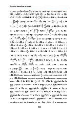 Відповіді та вказівки до вправ
5) (-»;-!] и (3-л/2;3+V2); 6) -3) U (-3; 2] и (4; 4®); 7) (-7; -5) U
U (4; •+«); 8) (-1; 4«); 9) (-1; 1) и (4; 6); 10) -1) U (1; 4«); 11) (—; -4] и
U [-2; -1] U [1; 4«); 12) [~4;-3) U [ - | ; o j U [1;+»); 13) -3) U (2; +«);
14) [ | ; l ] U (2:4-«); 15) (l-л/3;2->/2); 16) U 1.49.
1) и (-1-і) и (9;4~); 2) [1;9] и 3) ( — ; -2] U [4; 4«) и {2};
4) (-«; -2) и (-2; 3); 5) [-2; ^ ^ и (0; 2) U + » ) ; 6) ( 2 ; -1) и
U (2; 3); 7) (-»; -1] U (О; 1] и (2; 3]; 8) (2; 4«); 9) [-3-л/5;-4) U (-2;0];
Ю ) U 11) (2; 5); 12) (-»; -3) и (-3; ~2) U
U (0; 4°°). 1.50. а < -4 або а > 8. 1.51. а = 1 або а = ~2. 1.52. а= 1.
1.53. о = 3 або а = -. 1.54. а = 2. 1.55. а < -6. 1.56. а < -3 або а > 1.
2
1.57. а > 6. 1.58. а > О. 1.59. а < -1 або а > О. 1.60. О < а < 4.
1.61. а > 1. 1.62. а>. 1.63, 1 < а < 2. 1.64. -5 < а < 1. 1.65. q < 0.
5
1.66. 1) —4; 2; 3) 1; -1; 4) -Л; -V2; -1; 2; 5) 3; 6)
а о
7 ) 1+^21. l-JÜ 1 6 7 2 ; 3. 2 ) 1 ; 3 ) _6 ; _2 ;
-4-лЯЗ; 4) 5) 1 4 ^ 7 ; l - J l . 1.68. 1) (-3; 1];
2) [-2; 0] U {§}. 1.69. 1) |) U (4; 7]; 2) [2; 3) U (3; 4«) U {1}.
1.70. 2) ( — ; -2] U [2; 4«); 3) [1; 4«); 4) 4]. 1.71. 3) [О; 2]; 4) (-«; 2].
1.72. Найбільше значення дорівнює і , найменшого значення не іс-
6
нує. 1.73. Найбільше значення дорівнює 1, найменшого значення не
існує. 1.74. 2) 2. 1.75. 1) 2) 1.76. 1) m i n / ( x ) = 5a-3;
* [1:1J
m a x f ( х ) - 5 а 4 5 ; 2)якщо-1 < a < 2,то maxf(x)=:5, minf (де) = а2
-4a;
I-TLJ F-LIFL] 1-1; AT
якщо 2 < а < 5, то max f ( x ) -5, m i n / ( x ) = -4; якщо а > 5, то
1-1; »1 1-1:о]
max f (х) = а2
-4а, min/:
(x)=:-4. 1.77. 2) Якщо а < 0, то maxf(x) = l,
I - l ä o ) 1-1;«] ! о ; 3 1
min f (х) = 2а-аг
; якщо 0 < я < 1, то max/(x) = l, min/(x) = 0; якщо
Іа:21 [<ц2) la;2]
1 < а < 2, то т а х / ( х ) = 2а-а2
, m i n f ( x ) = 0. 1.78. 1. Вказівка. Ско-
fe 2] їв; 2]
ристайтеся тим, що функція і/ = Vx + 2Vx-Гз4Vx48 є зростаючою.
366
 