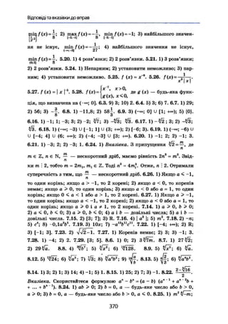 Відповіді та вказівки до вправ
jmi|/(.r) = -^; 2) max/(je) = - i , min f (x) = -1; 3) найбільшого значен-
ня не існує, m i n / ( * ) - — Л ; 4) найбільшого значення не існує,
тіп/(яг) = ^-. 5.20. 1) 4 розв'язки; 2) 2 розв'язки. 5.21. 1) 3 розв'язки;
2) 2 розв'язки. 5.24. 1) Непарним; 2) установити неможливо; 3) пар-
ним; 4) установити неможливо. 5.25. f (де) = jc~8
. 5.26. f(x) = ——г.
* 1*1
5.27. f (г) = I X Г5
. 5.28. f (*) = j * ' X >
° ' де g (x) - будь-яка функ-
ція, що визначена на 0]. 6.3. 9) 3; 10) 2. 6.4. 5) 3; 6) 7. 6.7. 1) 29;
2) 56; 3) - f . 6.8. 1) -11,8; 2) 58^. 6.9. 3) (-«; 0] и [1; +«); 5) {0}.
О О
6.16. 1) -1; 1; -3; 3; 2) -2; W ; 3) -АІЗ; Уз. 6.17. 1 ) - t f t ; 3; 2) -ІІЗ;
t/3. 6.18. 1) (-«; -3) U [-1; 1] U (3; +<»); 2) [-6; 3). 6.19. 1) (-»; -6) U
U [-4; 4] U (6; -н»); 2) (-4; -3] U [3; +»). 6.20. 1) -1; 2; 2) -1; 3.
6.21. 1) -3; 2; 2) -3; 1. 6.24. 1) Вказівка. З припущення %І2=—, де
п
т є Z, п є N, — — нескоротний дріб, маємо рівність 2п3
= т3
. Звід-
п
ки т І 2, тобто т = 2m,, гп, є Z. Тоді па
= 4mf. Отже, п : 2. Отримали
суперечність з тим, що — — нескоротний дріб. 6.26. 1) Якщо a < -1,
п
то один корінь; якщо a > -1, то 2 корені; 2) якщо a < 0, то коренів
немає; якщо а > 0, то один корінь; 3) якщо а < 0 або а = 1, то один
корінь; якщо 0 < а < 1 або a > 1, то 2 корені. 6.27. 1) Якщо о > —1,
то один корінь; якщо a < -1, то 2 корені; 2) якщо a < 0 або a = 1, то
один корінь; якщо а > 0 і а ^ І, то 2 корені. 7.14. 1) a > 0, b > 0;
2) a < 0, b < 0; 3) a > 0, b < 0; 4) a і b — довільні числа; 5) а і b —
довільні числа. 7.15. 2) [3; 7]; 3) К. 7.16. 4) | a3
|; 5) m2
. 7.18. 2) -n;
5) c4
; 8) -0,1 a3
b5
. 7.19. 3) 10*; 7) - a l
W . 7.22. 1) [-4; +«); 2) R;
3) [-1; 3]. 7.23. 2) s f j i ^ l . 7.27. 1) Коренів немає; 2) 3; 3) -1; З,
7.28. 1) -4; 2) 2. 7.29. [3; 5]. 8.6. 1) 0; 2) зУЬп. 8.7. 1) 271І2;
2) 29y/ä. 8.8. 4) W ; 5) tiS; 6) 8.9. 5) 6)
8.12. 5) 6) tfa3
; 7) ї/3; 8) Ö 1
; 9) 8.13. 5) ^ ; 6) tfäV.
8.14. 1) 3; 2) 1; 3) 14; 4) -1; 5) 1. 8.15. 1) 25; 2) 7; 3) -1. 8.22.
Вказівка. Скористайтеся формулою а" - b" = (а - b) (a""1
+ a" 2
b +
+ ... + b"'*). 8.24. 1) ab > 0; 2) b = 0, a — будь-яке число або b > 0,
a > 0; 3) b = 0, a — будь-яке число або b > 0, a < 0. 8.25. 1) m2
ii-m;
370
 