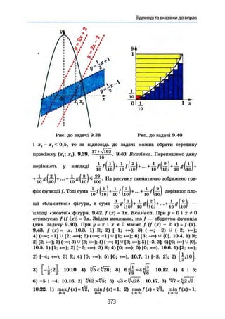 Відповіді та вказівки до вправ
_L
10
0
Л
— ш
—
J
Ж і1 X
10
Рис. до задачі 9.38 Рис. до задачі 9.40
і х2 - xt < 0,5, то за відповідь до задачі можна обрати середину
17 + л/193
проміжку (хх х2). 9.39. — . 9.40. Вказівка. Перепишемо дану
16
нерівність у вигляді + + + +
1 І 2  1 / я  99
4 — g j — 1+... 4-й- "[у,-) • На рисунку схематично зображено гра-
фік функції f. Тоді сума ^ + ^ f + —+
^ Д°РІВНЮ€ п л 0
"
щі «блакитної» фігури, а сума ^ g + ^ g j + • - - + ^ g —
4
площі «жовтої» фігури. 9.42. f (х) = Зх. Вказівка, При у - 0 і х * 0
отримуємо / (f (X)) - 9х. Звідси випливає, що f — оборотна функція
(див. задачу 9.30). При у = х і х * 0 маємо f (f (х) - 2 х) = / (х).
9.43. f (X) = -X. 10.3. 1) К; 2) (-1; 3) (-«>; -2) U (-2; +«);
4) (-«; -1] и [2; +«); 5) (-«; -1] и [1; +»); 6) [3; +«) и {0}. 10.4. 1) R;
2) [2; 4o=>; 3) (-о*; 3) U (3; -н»); 4) (-»; 1] и [3; +-); 5) [-3; 3]; 6) [6; +») и {0}.
10.5. 1) [1; +«); 2) [-2; -и»); 3) К; 4) [0; +~>); 5) [0; +»). 10.6. 1) [2; -н»);
2) [-4; 3) R; 4) [0; +»); 5) [0; 10.7. 1) [-3; 2]; 2) [|;10 ;
3) [~|:2]. 10.10. 4) 1/5<^/28; 8) = 10.12. 4) 4 і 5;
6) -5 і -4. 10.16. 2) УЇ2>ї/5; 5) 10.17. 3)
10.22. 1) шах f (х) = л/2, min/{x) = l; 2) тах/(х) = */з, min/(x) = l;
[1;2| [142] [ Я;1 J I 3:-L|
373
 