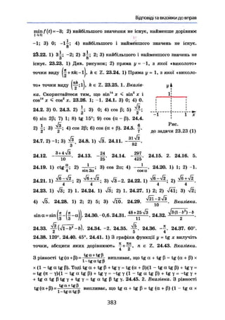 Відповіді та вказівки до вправ
minf(t)=—3; 2) найбільшого значення не існує, найменше дорівнює
1
І:-
—1; 3) 0; 4) найбільшого і найменшого значень не існує.
о
23.22. 1) -2; 2) 3 2; 3) найбільшого і найменшого значень не
З 8
існує. 23.23. 1) Див. рисунок; 2) пряма у = -1, з якої «виколото»
точки виду + А є Z. 23.24. 1) Пряма у = 1, з якої «виколо-
k є Z. 23.25. 1. Вказіе- и іто» точки виду
(f4ка. Скористайтеся тим, що sin х < sin х і
cos" ж < cos2
а:. 23.26. 1; -1. 24.1. 3) 0; 4) 0.
24.2. 3) 0. 24.3. 2) 3) 0; 4) cos ß; 5)
Zj /І
6) sin 2ß; 7) 1; 8) tg 15°; 9) cos (а - ß). 24.4.
2) 3) 4) cos 2ß; 6) cos (а + ß). 24.5. |.
24.7. 2) -1; 3) 24.8. 1) -ІЗ. 24.11.
1
1111
і
rt1I
L _ 4
-1 1
24.12. 24.13. 24.14.
10 25
24.19. 1) c t g " ; 2) — — ; 3) cos 2a; 4)
4 sin 2a
82
297
"425"
сова
Рис.
до задачи 23.23 (1)
24.15. 2. 24.16. 5.
. 24.20. 1) 1; 2) -1.
10
48 + 25 4 З „ . _ _ J M I - B 2
) - B
24.21. 1) 2) 3) >/3-2. 24.22. 1) 2)
4 4 4 4
24.23. 1) 41; 2) 1. 24.24. 1) v/3; 2) 1. 24.27. 1) 2; 2) v/41; 3) 42;
4) 41. 24.28. 1) 2; 2) 5; 3) v/lÖ. 24.29. 4Е-24І В к а з і в к а .
sin а = sin - ( | - а)). 24.30. -0,6.24.31.
24.33. 24.34. -2. 24.35. 24.36. « A 24.37. 60°.
2 5 4
24.38. 120°. 24.40. 45°. 24.41. 1) 3 графіка функції у = tg x вилучіть
точки, абсциси яких дорівнюють > і є Z. 24.43. Вказівка.
З рівності tg (а + ß) = tga+tglL випливає, що tg а + tg ß = tg (а + ß) х
i - t g a t g p
X (1 - tg а tg ß). Тоді tg а + tg ß + tg у = tg (а + ß)(l - tg а tg ß) + tg Y =
= tg (я - Y)(l - tg а tg ß) + tg Y - -tg Y (1 - tg а tg ß) + tg Y = -tg Y +
+ tg а tg ß tg Y + tg Y = tg а tg ß tg Y- 24.45. 2. Вказівка. З рівності
tg (а + ß) = t g a + t
e P випливає, що tg a + tg ß = tg (a + ß) (1 - tg a x
1-tgatgp
3 8 3
 