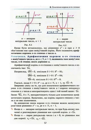 6. Означення кореня л-го степеня
УІ
у~а.а> 0
у = хп
J .
t
X
у= а, а < 0
1
1 У
'
у=а,а> 0
1
н
11
2L
VУ-fo 0
у = о, а < 0
X
п — непарне п _ парне
натуральне число, п > 1 натуральне число
Рис. 6.1 р и с . е.2
В и щ е було встановлено, щ о р і в н я н н я х" = а при а > 0
обов'язково має один невід'ємний корінь. Його називають ариф-
метичним коренем га-го степеня з числа а.
О з н а ч е н н я . А р и ф м е т н ч н н м к о р е н е м п-го (ітепеня
з невід'ємного числа а, де п є N, п > 1, називають таке невід'ємне
число,га-йстепінь якого дорівнює о.
Арифметичний корінь п-го степеня з невід'ємного числа а по-
значають так:
Наприклад, ч/вГ = 3, оскільки 3 > 0 і З4
= 81;
л/б4 =2, оскільки 2 > 0 і 2е
= 64;
'3/0 = 0, оскільки 0 > 0 і О10
= 0.
Узагалі, якщо Ъ > 0 і Ьп
= а, де п є N, п > 1, то trfä = Ь.
Звернемо увагу на те, що для позначення арифметичного ко-
реня п-го степеня з невід'ємного числа о і кореня непарного
степеня п з числа а використовують один і той самий запис: [а.
Запис 2
i[ä, k є N, використовують тільки для позначення ариф-
метичного кореня. Зазначимо, що корінь парного степеня з чис-
ла а не має позначення.
За допомогою знака кореня л-го степеня можна записувати
розв'язки рівняння х" - а, де п є N, п > 1.
^ Якщо п — непарне натуральне число, то при будь-якому зна-
ченні а розглядуване рівняння має єдиний корінь x = fa.
^ Якщо п — парне натуральне число і а > 0, то рівняння має
два корені: ху = rfä, х2 = -yfa.
57
 