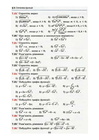 § 3. Степенева функція
7.19.' Спростіть вираз:
1) ^625а24
; 5) -0,1 000 000г42
, якщо г > 0;
2) </0,0001&20
, якщо Ь > 0; 6) 1
$т36
п60
, якщо т < 0, п < О;
3) -5 yfÄx*, якщо ж < О; 7) ab2
^ ^ V V 4
, якщо Ь > 0, с < О;
gm3 4 І 40
4) ^p30
q40
, якщо р > 0; 8) ]}25бтм' якщо т < 0, k > 0.
7.20.* При яких значеннях а виконується нерівність:
1) 2)
7.21.' Спростіть вираз:
1) [а* + а, якщо а > О; 3) s/o^ + Vö4
;
2) якщо а < 0; 4) -Уа2
- л/а7
.
7.22.* Розв'яжіть рівняння:
1) фх + 4? = х + 4; 3) $J(x2
-2x-3f = 3 + 2х-х2
.
2) t](l-3x)8
=(1-3х)2
-,
7.23.* Спростіть вираз:
1) ^/(Тб-2)3
; 2) 3) ^ Ш - S f i 4)
7.24.' Спростіть вираз:
1) 2) І Ш - J E f ; 3) І Ш - З ) 3
; 4) ^ / 7 - з ) 
7.25.* Побудуйте графік функції:
1) у = ЇІ7-х; 4) y = !](x-2)s
; б) у = - і + 2 ;
2) у = 2х + № і 5) у = 7) у = № .
3) у =
7.26." Побудуйте графік функції:
1) у=№-2х; 2) y = 3) у =
де
7.27.* Розв'яжіть рівняння:
1) № = х-4; 2) 3) 2Ї& = х+3.
7.28.' Розв'яжіть рівняння:
1) ^/ж8
=ж + 8; 2) 1
^сІ2
=6д:-10.
7.29.* Розв'яжіть рівняння </(*-З)4
+%](5-х)6
=2.
7.30.* Побудуйте графік функції у = ^/(л +1)8
+ - З)2
.
66
 