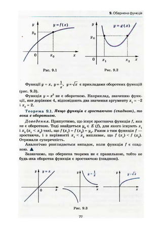9. Обернена функція
У 1
У0
1
у = Пх)
/ 0
Рис. 9.1 Рис. 9.2
Функції у ~ X, у =—, у = є прикладами оборотних функцій
X
(рис. 9.3).
Функція у = X2
не є оборотною. Наприклад, значенню функ-
ції, яке дорівнює 4, відповідають два значення аргументу х( = -2
і *2 = 2.
Т е о р е м а 9.1. Якщо функція є зростаючою (спадною), то
вона є оборотною.
Доведення. Припустимо, що існує зростаюча функція f, яка
не є оборотною. Тоді знайдеться у 0 є Е (/), для якого існують JC,
і х2 (JCJ < JC2) такі, що f (JCJ) = f (;с2) = y0. Разом з тим функція f —
зростаюча, і з нерівності х1 < х2 випливає, що f (jct) < f (ж2).
Отримали суперечність.
Аналогічно розглядається випадок, коли функція f є спад-
ною. А
Зазначимо, що обернена теорема не є правильною, тобто не
будь-яка оборотна функція є зростаючою (спадною).
у > У У 1
и "Гх
А0 * — ^ ^ X X
Рис. 9.3
77
 