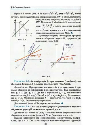 § 3. Степенева функція
При а * b маємо (рис. 9.5): ON = -Ja2
+b2
, ОМ ~ Ja2
+b2
, тобто
точка О рівиовіддалена від кінців відрізка MN, а отже, належить
серединному перпендикуляру відрізка
MN. Середина К відрізка MN має коорди-
нати
la + b g + b
 2 ' 2 }'
тобто належить прямій
Рис. 9.5
у = х. Отже, пряма у = х і є серединним
перпендикуляром відрізка MN. А
Доведену теорему ілюструють графіки
взаємно обернених функцій, що розгляда-
лися вище (рис. 9.6).
У'
1
* / /
ч
^ ^ /
І х
/
's/ /
V /у /
а) б)
Рис. 9.6
Т е о р е м а 9.3. Якщо функція f є зростаючою (спадною), то
обернена функція g є також зростаючою (спадною).
Доведення. Припустимо, що функція f — зростаюча і при
цьому обернена до неї функція g не є зростаючою. Тоді знайдуться
такі ух є D (g) і у2 є D (£), що з нерівності < у2 випливатиме
нерівність g (у,) > g (У2). Нехай g (уг) = xv g (у2) = х2. Отримуємо,
що Xj ^ х2. Оскільки функція f — зростаюча, то f (JCj) > f (х2),
тобто і/, > у2. Отримали суперечність.
Для спадної функції міркуємо аналогічно. *>
Т е о р е м а 9.4. Спільні точки графіків зростаючих взаємно
обернених функцій лежать на прямій у = х.
Доведення. Нехай М (а; Ь) — спільна точка графіків взаємно
обернених зростаючих функцій f i g . Доведемо, що а = Ь.
Будемо міркувати від супротивного. Припустимо, напри-
клад, що а < Ь. Оскільки графіки взаємно обернених функцій
80
 