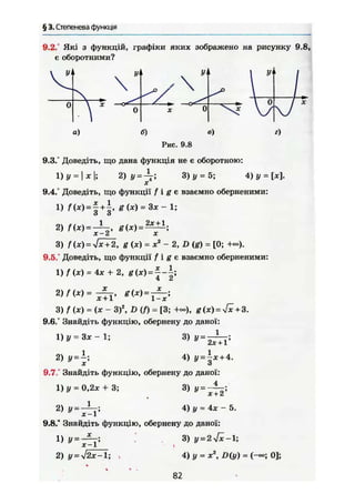 § 3. Степенева функція
9.2/ Які з функцій, графіки яких зображено на рисунку 9.8,
є оборотними?
V
1
у
0 X
у.

L
0
0
а) б) в) г)
Рис. 9.8
9.3/ Доведіть, що дана функція не є оборотною:
l)j/ = |*|; 2) у = - 3) у = 5; 4) У = [ас].
9.4/ Доведіть, що функції / і g є взаємно оберненими:
1) f (*) = § + § , £ ( * ) = 3 * - 1;
2) = ^
3 ) = g ( X ) = X2
- 2, D {g) = [0; +»).
9.5/ Доведіть, що функції f і g є взаємно оберненими:
1 ) / ( * ) = 4* + 2, =
4 2
2) f (X) =
*+1' ' 1-х'
3) f (X) = (X - З)2
, D ( f ) = [3; +°=), g(x) = ^ + 3.
9.6/ Знайдіть функцію, обернену до даної:
1
1) у = 3х- 1;
2) у = - 
3) у =
2х + 1
4) у = |х + 4.
9.7" Знайдіть функцію, обернену до даної:
4
1) у = 0,2* + 3;
1
2) у =
х-Ґ
3) У-у
х + 2
4) у = 4х - 5.
9.8/ Знайдіть функцію, обернену до даної:
1) У-
х-Ґ
2) у = л/2х-1;
3) у = 2yßc-l;
4)у = х D(y) = (-°o-, 0];
82
 