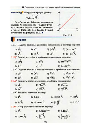 11. Означення та властивості степеня з раціональним показником
ПРИКЛАД Побудуйте графік функції
/(*) = (*"») .
* Розв'язання. Областю визначення
функції / є множина (0; +«). Дану функ-
цію можна задати такими умовами:
/ (х) = X, D (/) = (0; Графік функції
зображено на рисунку 11.2. •
Рис. 11.2
Вправи
11.1." Подайте степінь з дробовим показником у вигляді кореня:
1) 3) 5) (аЬУ; 7) (т + п)53
;
а1
-, 4) 10 6) ab'; 8) (я-Зі/)'*
Замініть степінь з дробовим показником коренем:
13*; 3) с0
-2
; 5) 3от1
'«5
«0
-™;
.і в і
З
2.5.
4) Л
2)
11.2."
і
1)
2)
11.3.*
1)
2)
11.4.°
1)
2)
11.5."
1)
2)
11.6.° Чому дорівнює значення виразу
1) 8^;
2) 10000*;
6) (а-2Ь)16
.
Подайте корінь у вигляді степеня з дробовим показником:
3) V61
; 5) ЇІГ*; 7) ^ ( a - b f ;
V 7 ; 4) 6) '^49; 8) %7
~b7
.
Замініть корінь степенем з дробовим показником:
л/2; 3) Ч(т*; 5) +
6)
3)
4)
Знайдіть значення виразу:
4*.
25
3) 3-64 3
;
4) -5-0,01
5) 0,216
6)
№
7) 27®;
8) 32"0 2
.
3) 0,0081-0,25.
5) 0,125 3
;
6)
("If
99
 