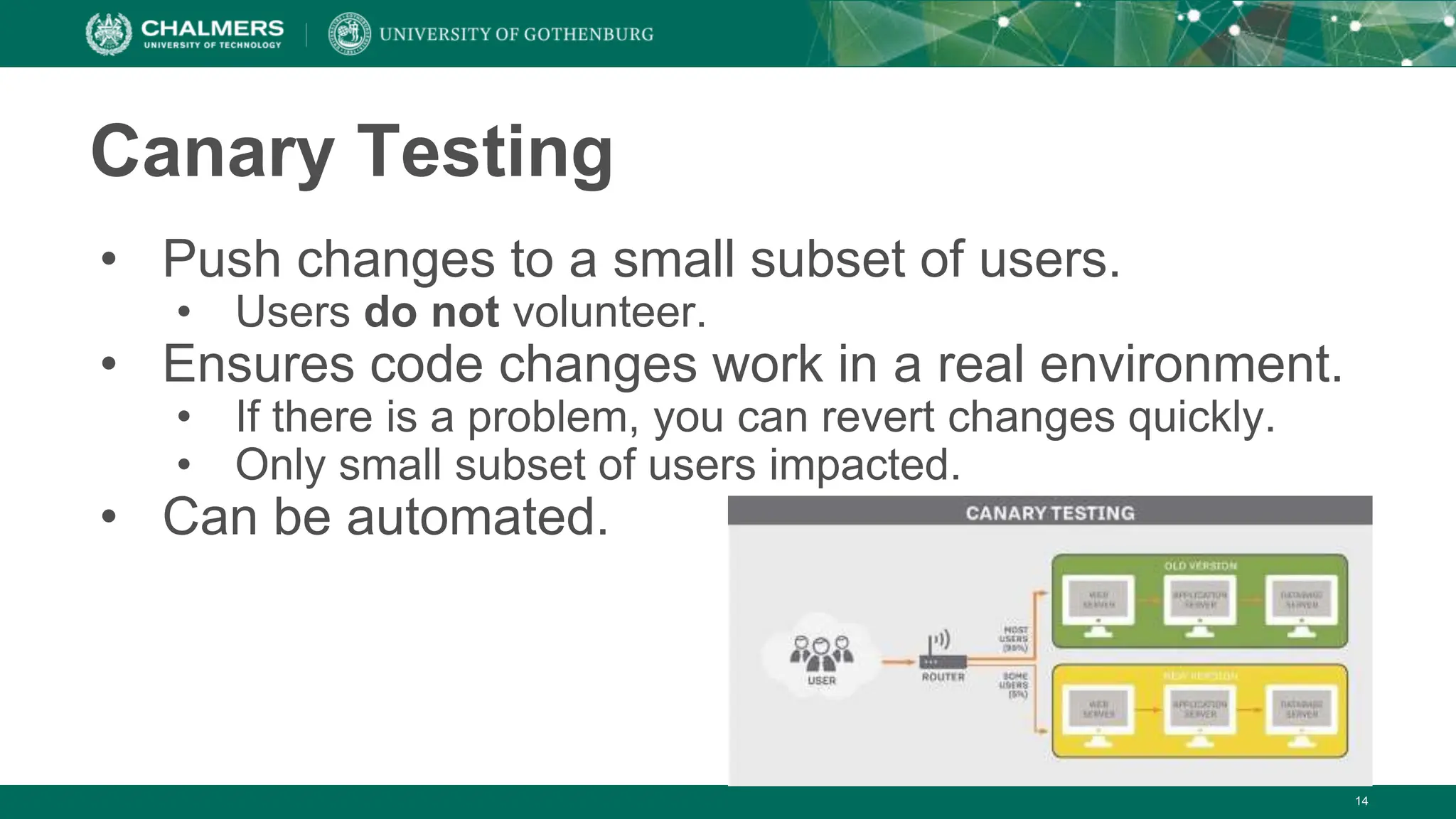 Canary Testing
• Push changes to a small subset of users.
• Users do not volunteer.
• Ensures code changes work in a real environment.
• If there is a problem, you can revert changes quickly.
• Only small subset of users impacted.
• Can be automated.
14
 