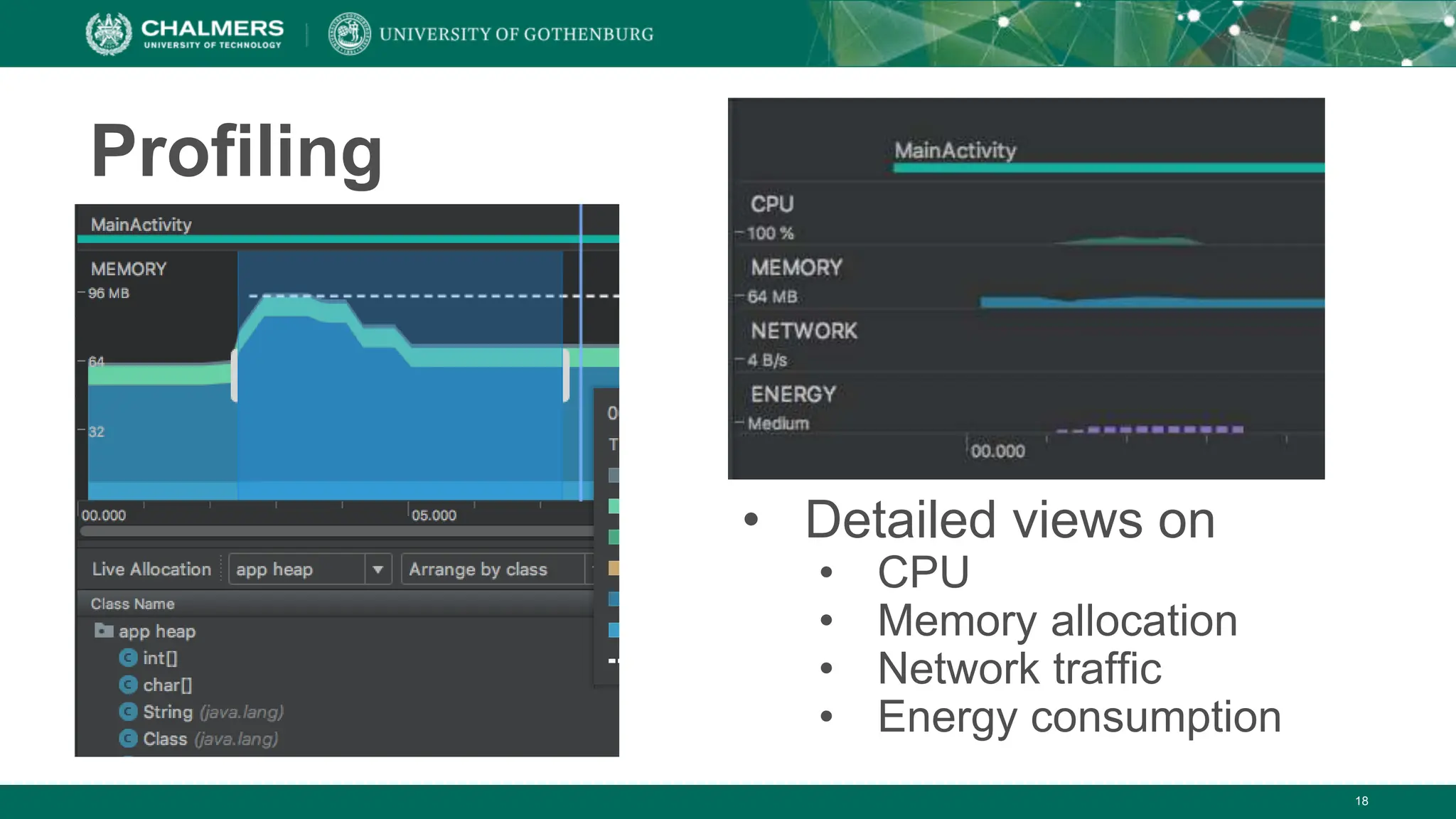 18
Profiling
• Detailed views on
• CPU
• Memory allocation
• Network traffic
• Energy consumption
 