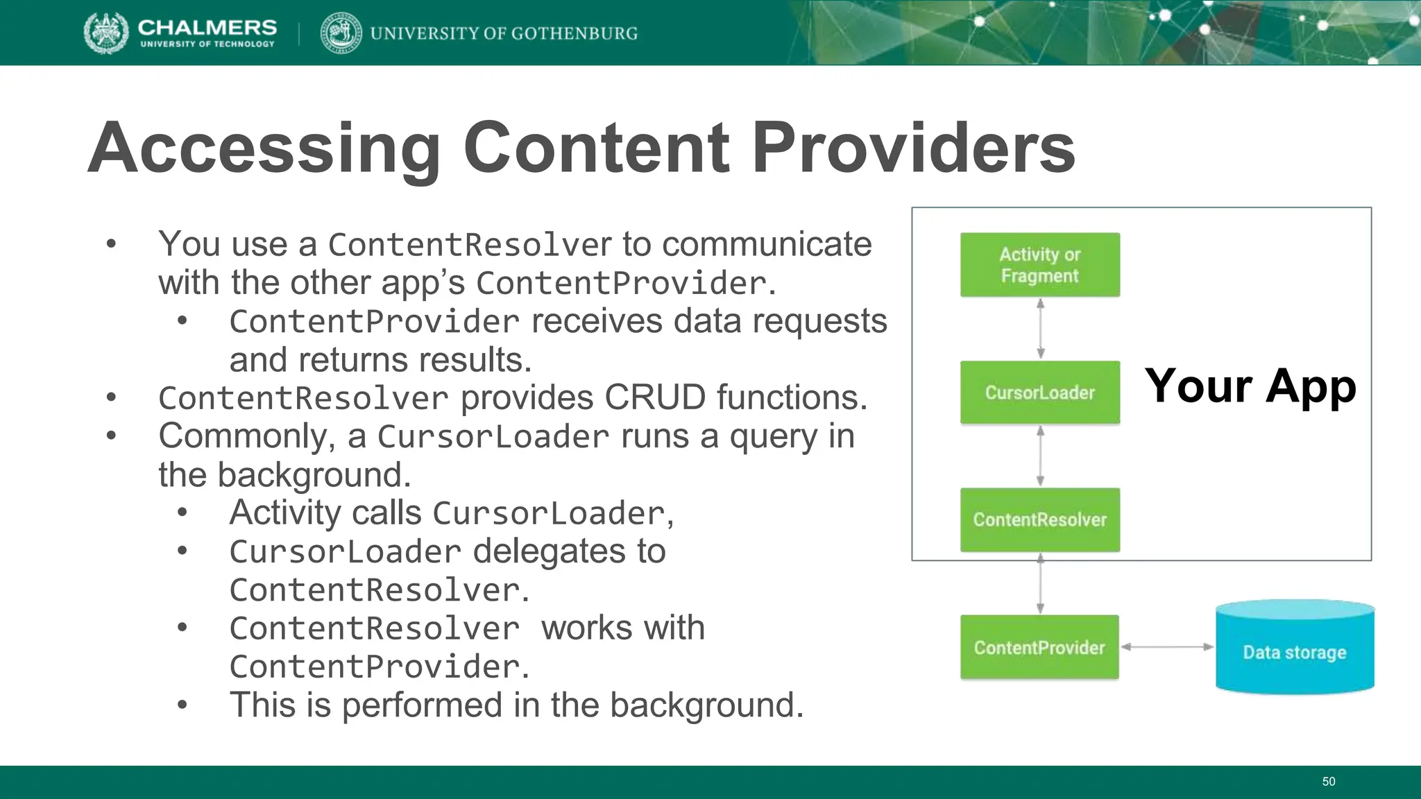 50
Accessing Content Providers
• You use a ContentResolver to communicate
with the other app’s ContentProvider.
• ContentProvider receives data requests
and returns results.
• ContentResolver provides CRUD functions.
• Commonly, a CursorLoader runs a query in
the background.
• Activity calls CursorLoader,
• CursorLoader delegates to
ContentResolver.
• ContentResolver works with
ContentProvider.
• This is performed in the background.
Your App
 