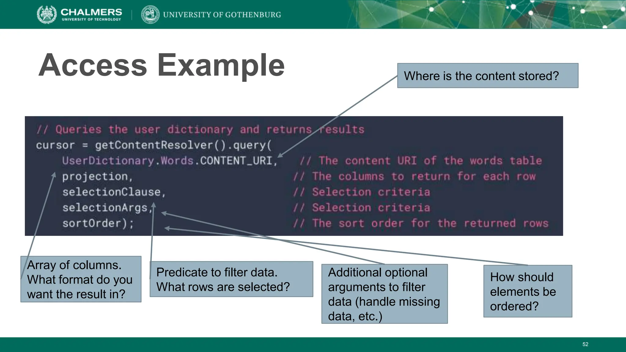 52
Access Example Where is the content stored?
Array of columns.
What format do you
want the result in?
Predicate to filter data.
What rows are selected?
Additional optional
arguments to filter
data (handle missing
data, etc.)
How should
elements be
ordered?
 