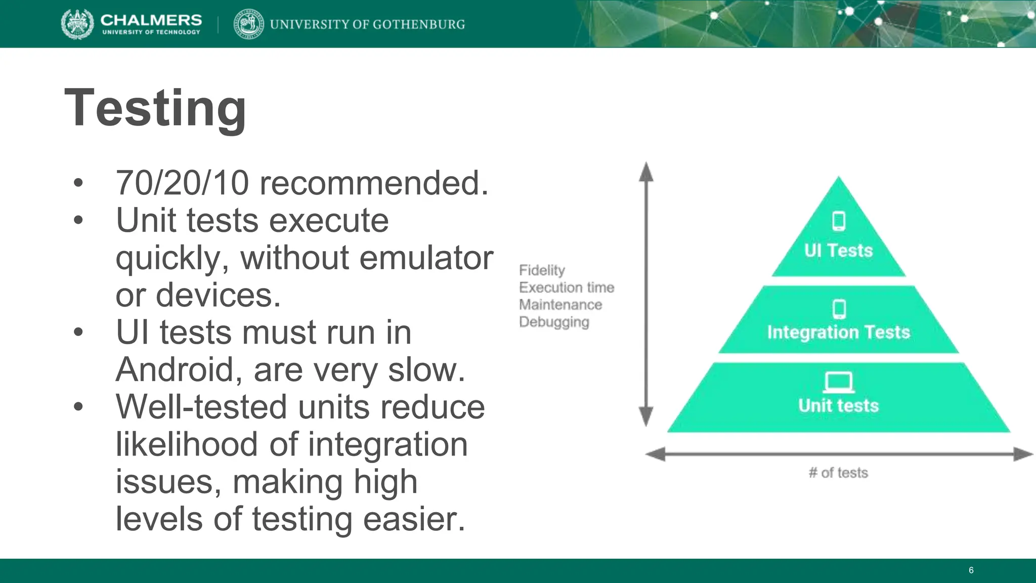 6
Testing
• 70/20/10 recommended.
• Unit tests execute
quickly, without emulator
or devices.
• UI tests must run in
Android, are very slow.
• Well-tested units reduce
likelihood of integration
issues, making high
levels of testing easier.
 