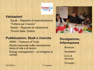 Valutazioni Equal – Rapporto di autovalutazione “ Tortona per il lavoro” Sweet – Rapporto di valutazione  Tirocini Italia / Estero Pubblicazioni, Studi e ricerche WEM – Treasure of Tools Studio nazionale sulla conciliazione tempi di vita e di lavoro Energy management – un’indagine di campo 12/10/2010 T. Colombo Divulgazione, Informazione Brochure Newsletter Corsi & Seminari Convegni 