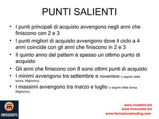 PUNTI SALIENTI
• I punti principali di acquisto avvengono negli anni che
finiscono con 2 e 3
• I punti migliori di acquisto avvengono dove il ciclo a 4
anni coincide con gli anni che finiscono in 2 e 3
• Il quinto anno del pattern è spesso un ottimo punto di
acquisto
• Gli anni che finiscono con 8 sono ottimi punti di acquisto
• I minimi avvengono tra settembre e novembre (i segreti della
borsa, Migliorino)
• I massimi avvengono tra marzo e luglio (i segreti della borsa,
Migliorino)
www.investire.biz
www.forecaster.biz
www.formazionetrading.com
 