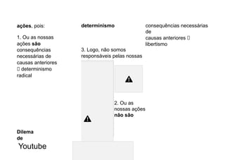 ações, pois:
1. Ou as nossas
ações são
consequências
necessárias de
causas anteriores
🡪 determinismo
radical
Dilema
de
determinismo
3. Logo, não somos
responsáveis pelas nossas
ações.
2. Ou as
nossas ações
não são
consequências necessárias
de
causas anteriores 🡪
libertismo
Youtube
 