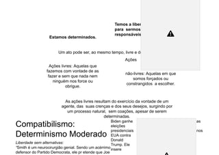 Estamos determinados.
Temos a liberdade necessária
para sermos moralmente
responsáveis.
Um ato pode ser, ao mesmo tempo, livre e determinado.
Ações livres: Aquelas que
fazemos com vontade de as
fazer e sem que nada nem
ninguém nos force ou
obrigue.
Ações
não-livres: Aquelas em que
somos forçados ou
constrangidos a escolher.
As ações livres resultam do exercício da vontade de um
agente, das suas crenças e dos seus desejos, surgindo por
um processo natural, sem coações, apesar de serem
determinadas.
Compatibilismo:
Determinismo Moderado
Liberdade sem alternativas:
“Smith é um neurocirurgião genial. Sendo um acérrimo
defensor do Partido Democrata, ele pr etende que Joe
Biden ganhe as
eleições
presidenciais nos
EUA contra
Donald
Trump. Ele
insere
 