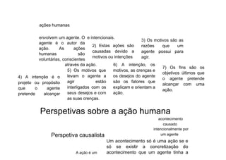 ações humanas
envolvem um agente. O
agente é o autor da
ação. As ações
humanas são
voluntárias, conscientes
e intencionais.
2) Estas ações são
causadas devido a
motivos ou intenções.
3) Os motivos são as
razões que um
agente possui para
agir.
4) A intenção é o
projeto ou propósito
que o agente
pretende alcançar
através da ação.
5) Os motivos que
levam o agente a
agir estão
interligados com os
seus desejos e com
as suas crenças.
6) A intenção, os
motivos, as crenças e
os desejos do agente
são os fatores que
explicam e orientam a
ação.
7) Os fins são os
objetivos últimos que
o agente pretende
alcançar com uma
ação.
Perspetivas sobre a ação humana
Perspetiva causalista
A ação é um
acontecimento
causado
intencionalmente por
um agente
Um acontecimento só é uma ação se e
só se existir a concretização do
acontecimento que um agente tinha a
 