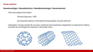 Massa e tamanho dos átomos 17
Escala atómica
Nanotecnologia / Nanoeletrónica / Nanobioteclonogia / Nanomateriais
“Há muito espaço lá em baixo”
Richard Feynman, 1959
Já é possível realizar construções/manipulações à escala atómica!
Utilizações: miniaturização de circuitos; materiais biocompatíveis; diagnóstico e tratamento médico;
controlo da morfologia de materiais à dimensão nano…
 