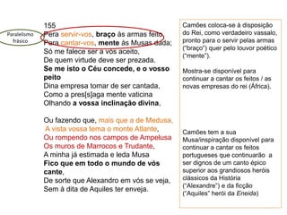 155
Pera servir-vos, braço às armas feito,
Pera cantar-vos, mente às Musas dada;
Só me falece ser a vós aceito,
De quem virtude deve ser prezada.
Se me isto o Céu concede, e o vosso
peito
Dina empresa tomar de ser cantada,
Como a pres[s]aga mente vaticina
Olhando a vossa inclinação divina,
Ou fazendo que, mais que a de Medusa,
A vista vossa tema o monte Atlante,
Ou rompendo nos campos de Ampelusa
Os muros de Marrocos e Trudante,
A minha já estimada e leda Musa
Fico que em todo o mundo de vós
cante,
De sorte que Alexandro em vós se veja,
Sem à dita de Aquiles ter enveja.
Camões coloca-se à disposição
do Rei, como verdadeiro vassalo,
pronto para o servir pelas armas
(“braço”) quer pelo louvor poético
(“mente”).
Mostra-se disponível para
continuar a cantar os feitos / as
novas empresas do rei (África).
Camões tem a sua
Musa/inspiração disponível para
continuar a cantar os feitos
portugueses que continuarão a
ser dignos de um canto épico
superior aos grandiosos heróis
clássicos da História
(“Alexandre”) e da ficção
(“Aquiles” herói da Eneida)
Paralelismo
frásico
 